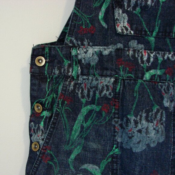 Denim Jean Overalls Japanese Floral Artsy Distressed Carpenter Loose Fit Large - Picture 8 of 16